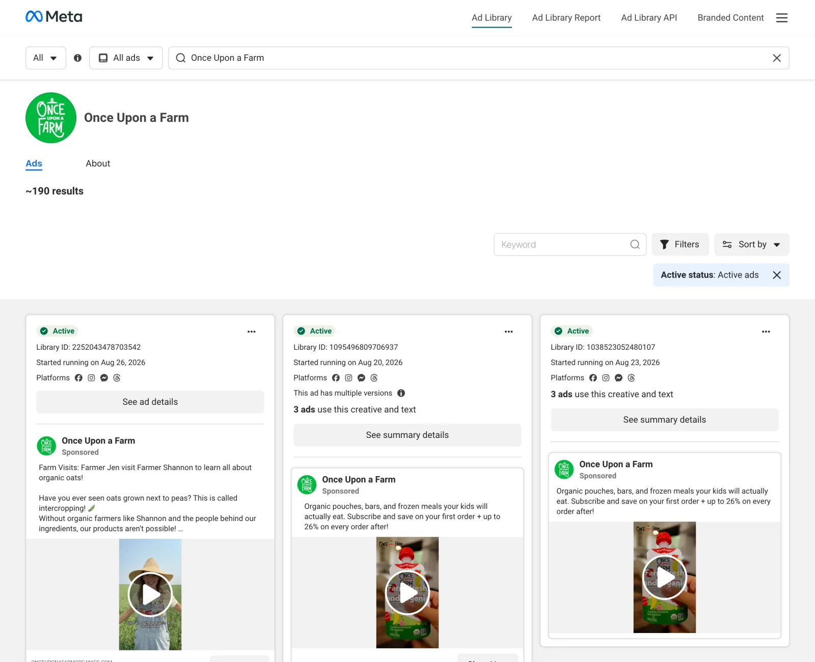 Biblioteca de anuncios de Meta con unos 190 anuncios activos de Once Upon a Farm: una visita a un campo de avena orgánica y dos videos de producto con suscripción