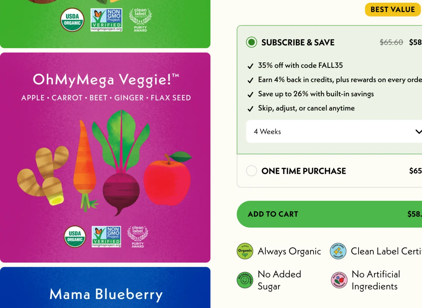 Detalle de la ficha de Once Upon a Farm: ingredientes de cada sabor con sellos USDA Organic, Non-GMO Project y Clean Label, al lado de la suscripción y las cuatro garantías