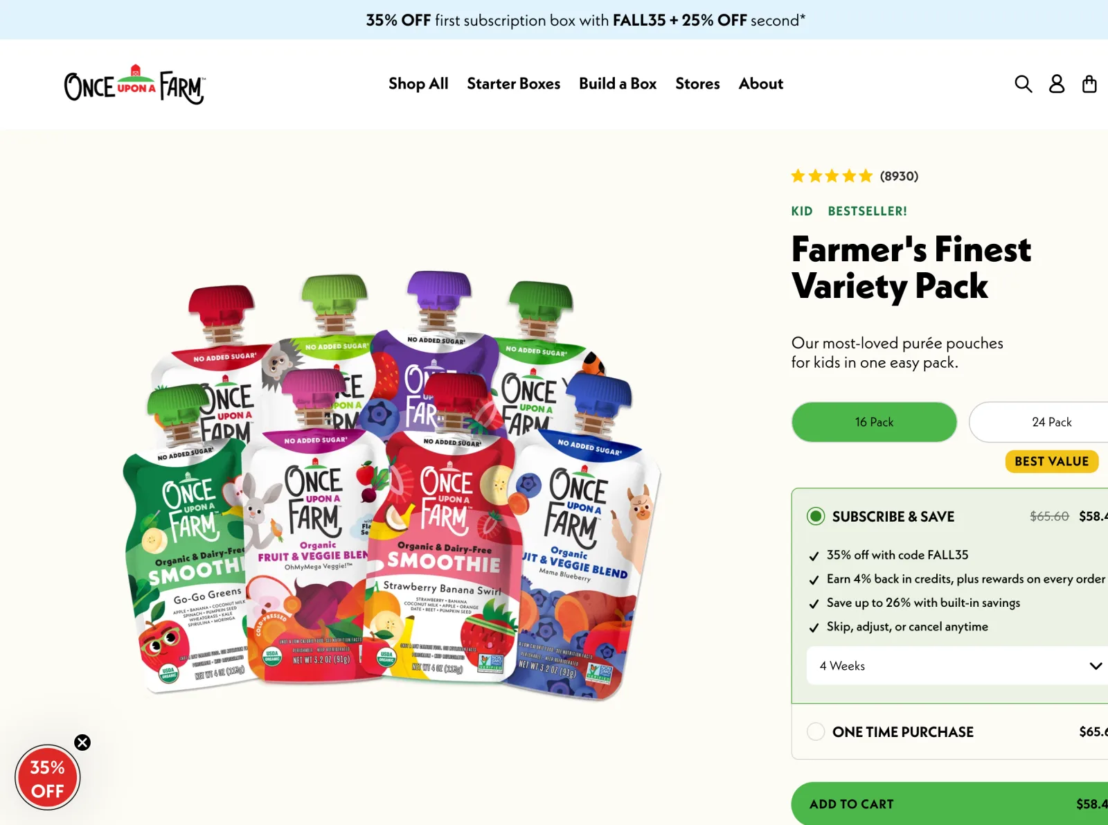Ficha del Farmer's Finest Variety Pack de Once Upon a Farm: 8.930 reseñas, packs de 16 y 24, y la suscripción preseleccionada a USD 58,40 contra 65,60 de la compra única