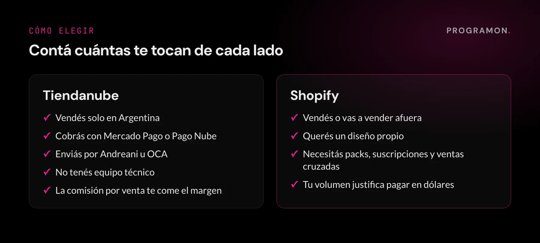 Checklist para elegir: Tiendanube si vendés solo en Argentina, cobrás con Mercado Pago o Pago Nube, enviás por Andreani u OCA y no tenés equipo técnico; Shopify si vendés en otros países, querés un diseño propio, necesitás packs, suscripciones y ventas cruzadas o tu volumen justifica pagar en dólares