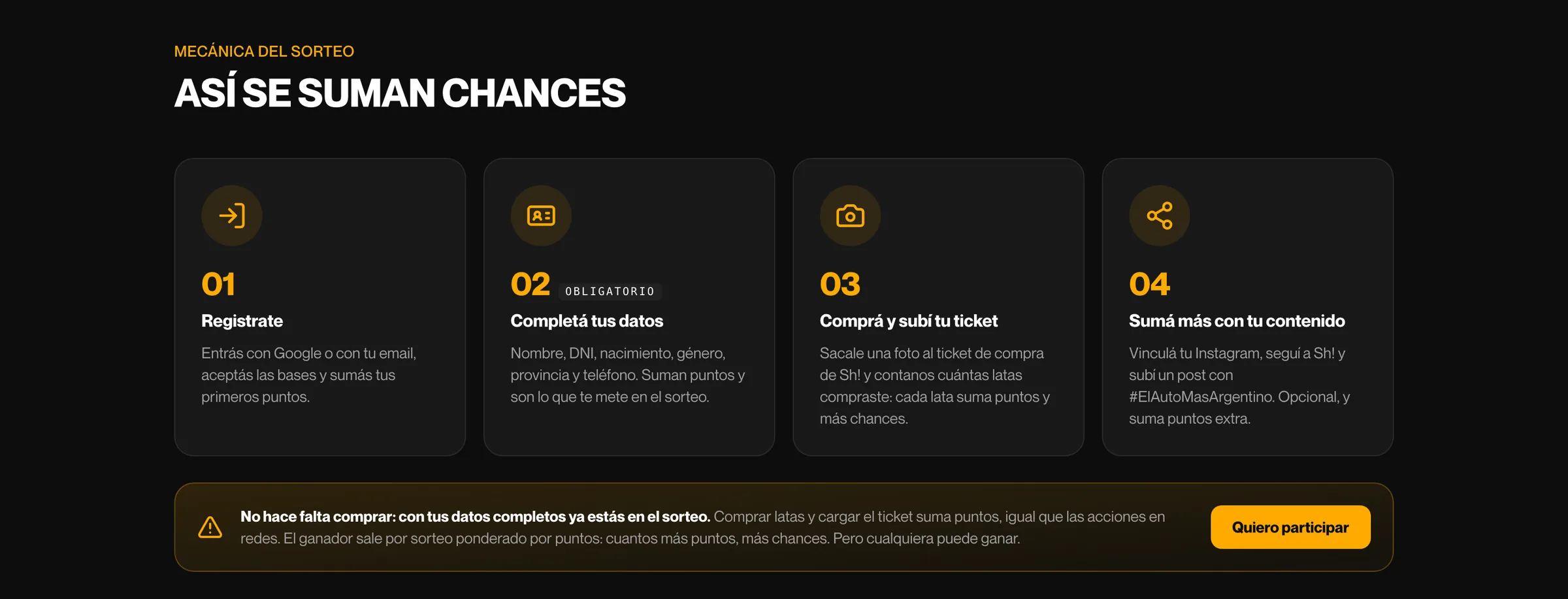 Sección Así se suman chances con los cuatro pasos: registrate, completá tus datos, comprá y subí tu ticket, sumá más con tu contenido