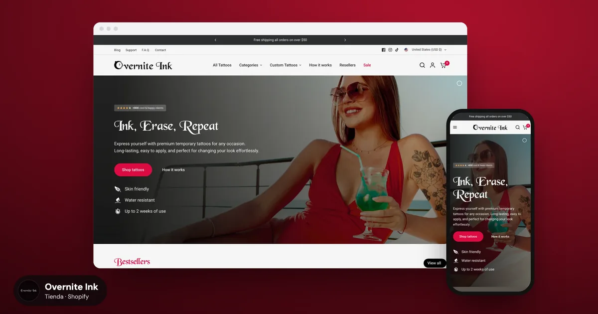 Overnite Ink: tienda Shopify y creativos para una marca de tatuajes temporales