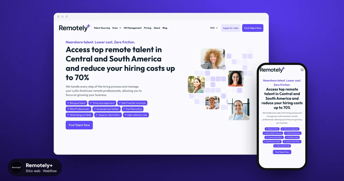 RemotelyPlus: una web en Webflow para vender talento remoto