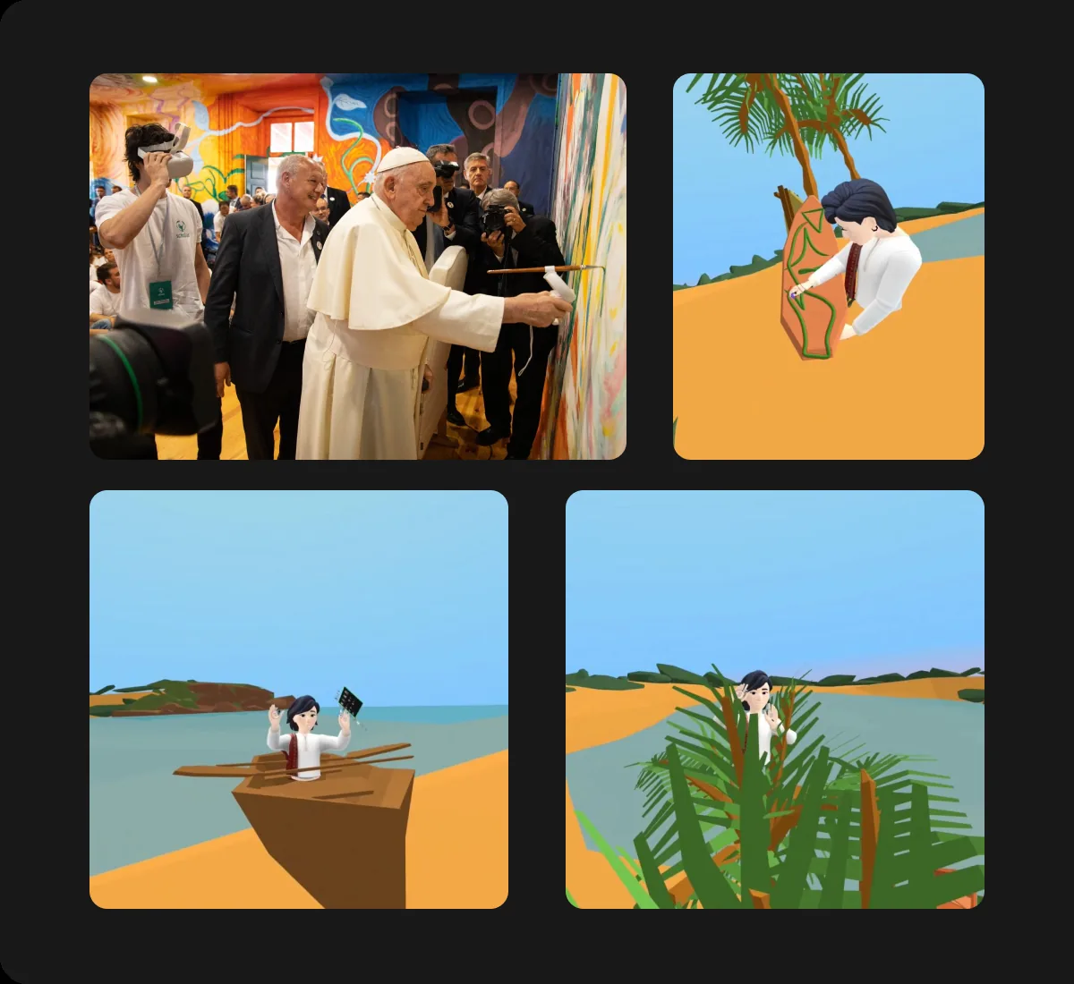 El Papa Francisco pintando con visor de realidad virtual y avatares 3D de la experiencia colaborativa