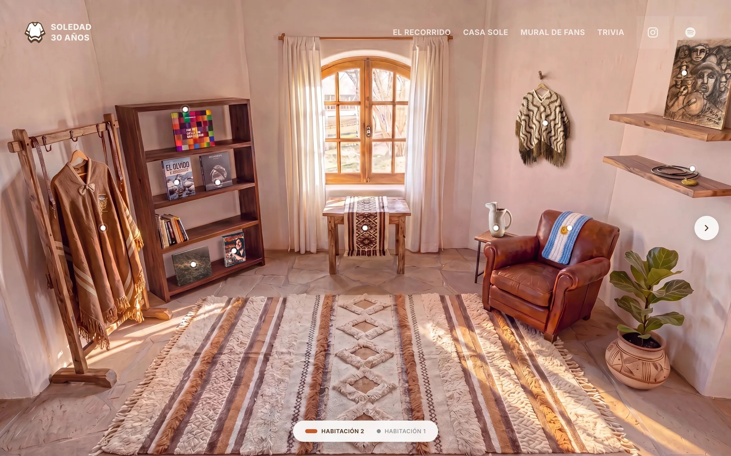 Casa Sole: una habitación de campo con objetos de la gira señalados para explorar