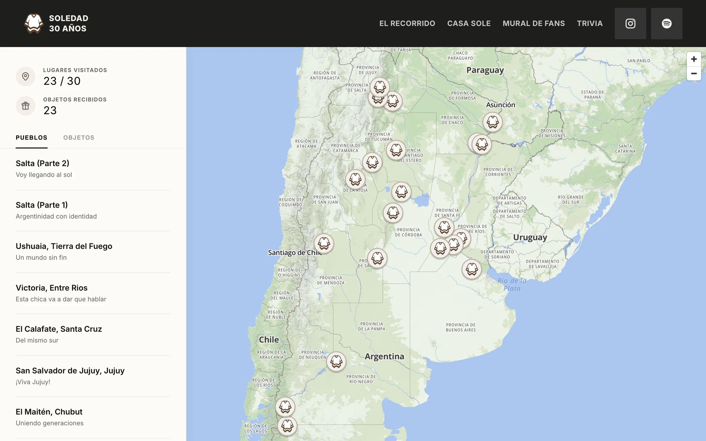Mapa interactivo del recorrido de 30 Pueblos con los puntos de cada pueblo visitado y la lista de capítulos al costado