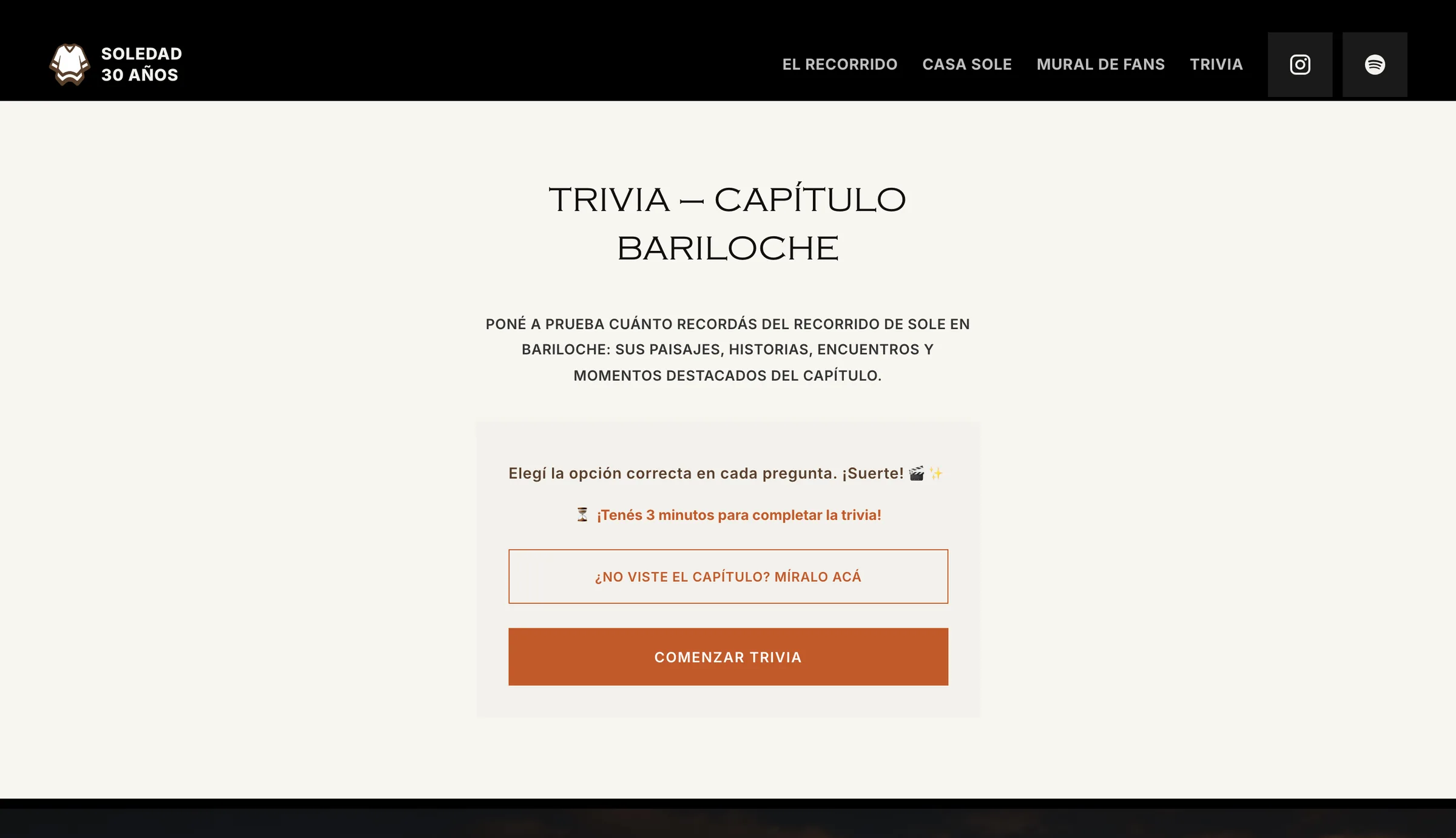 Pantalla de inicio de la trivia del capítulo Bariloche