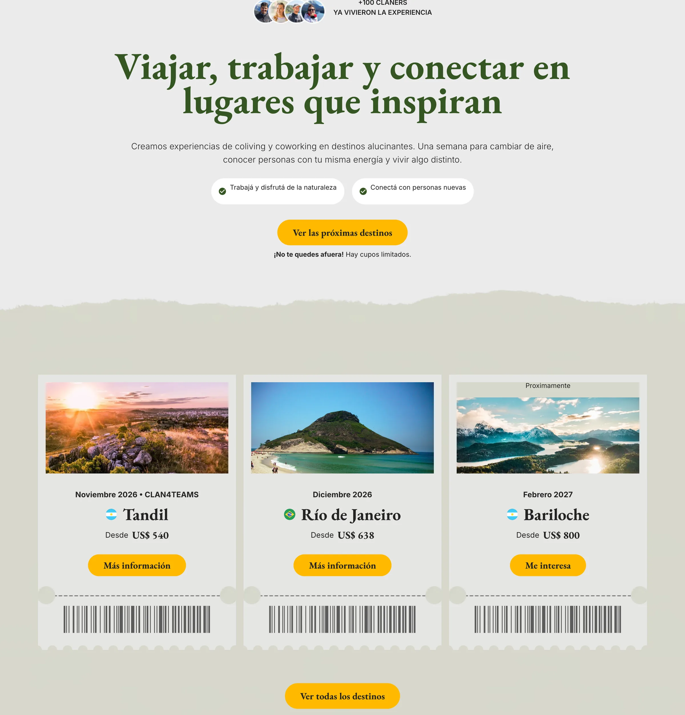 Sección de próximas ediciones de Clan con tarjetas en forma de pasaje para Tandil, Río de Janeiro y Bariloche