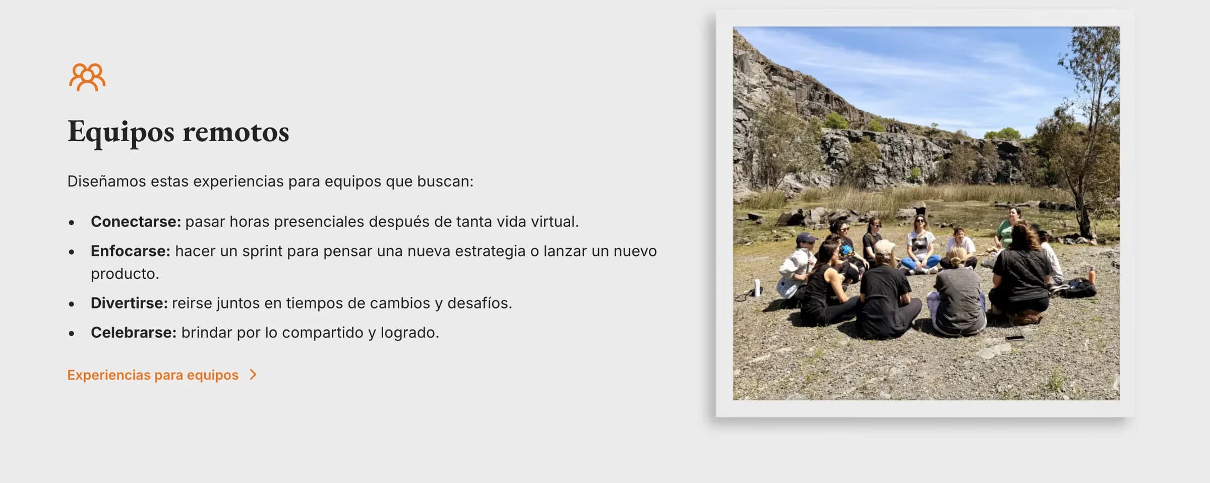 Sección Equipos remotos con los motivos para una experiencia de equipo