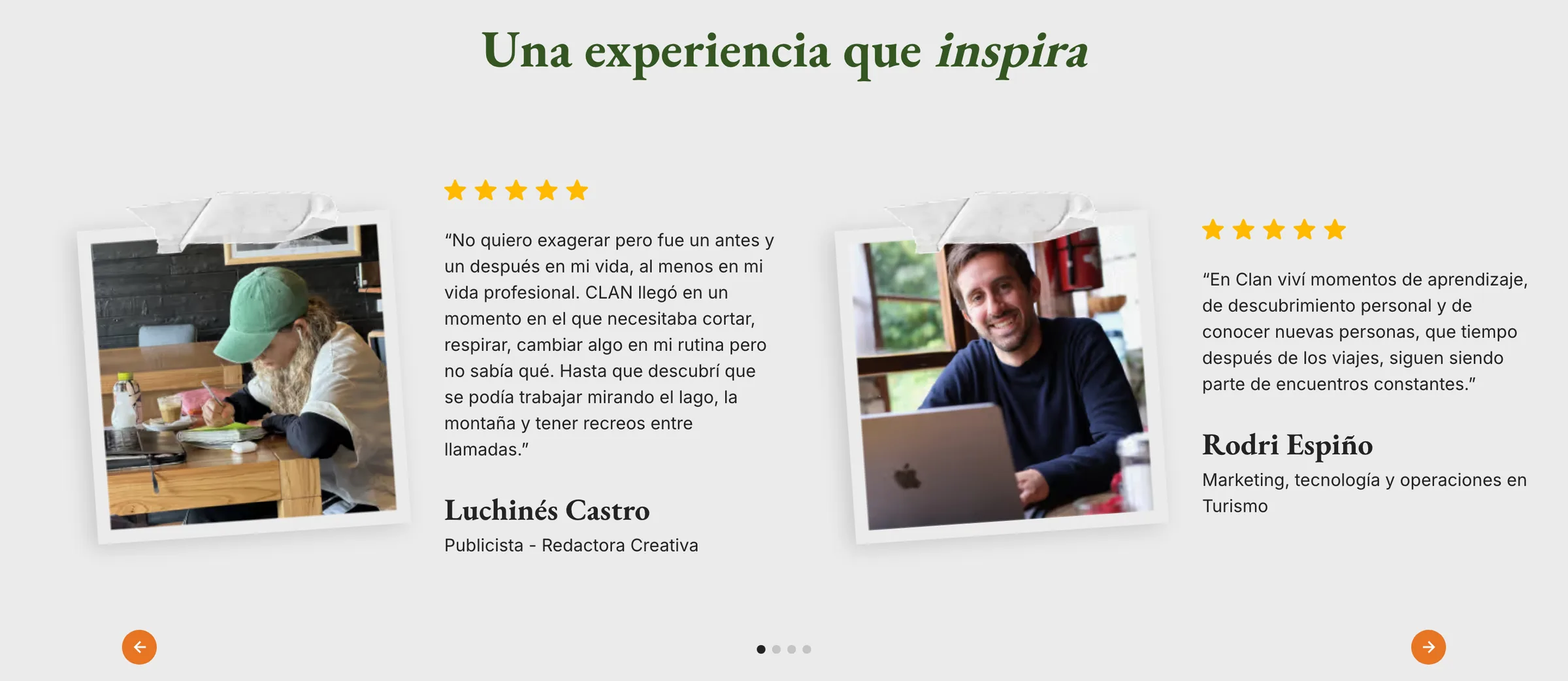 Testimonios de participantes de Clan en la sección Una experiencia que inspira