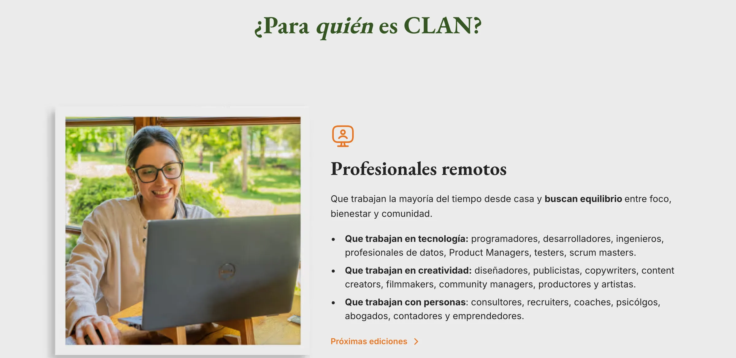 Sección Para quién es Clan, enfocada en profesionales remotos