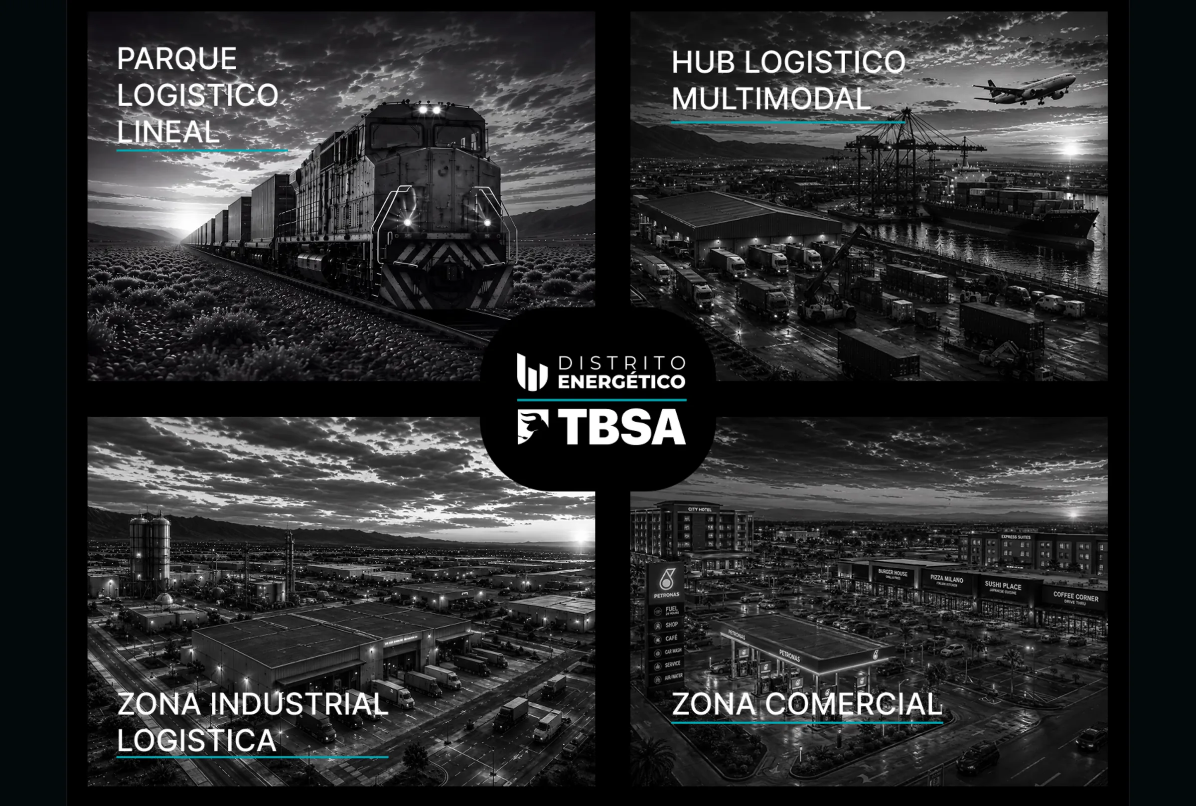 Grilla con los componentes del distrito: parque logístico, hub multimodal, zona industrial y zona comercial