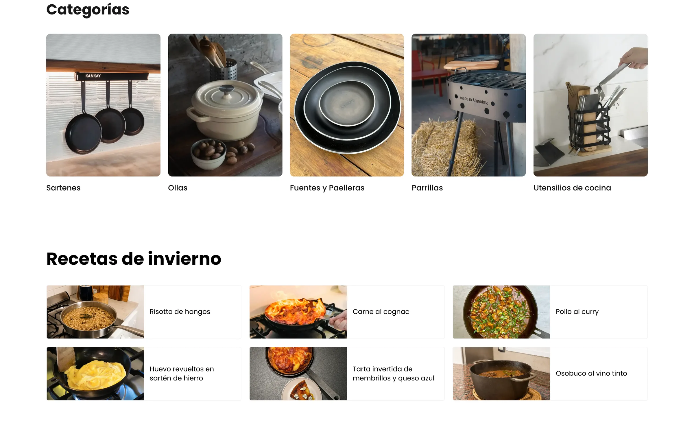 Sección de categorías y recetas de invierno en la home de Kankay