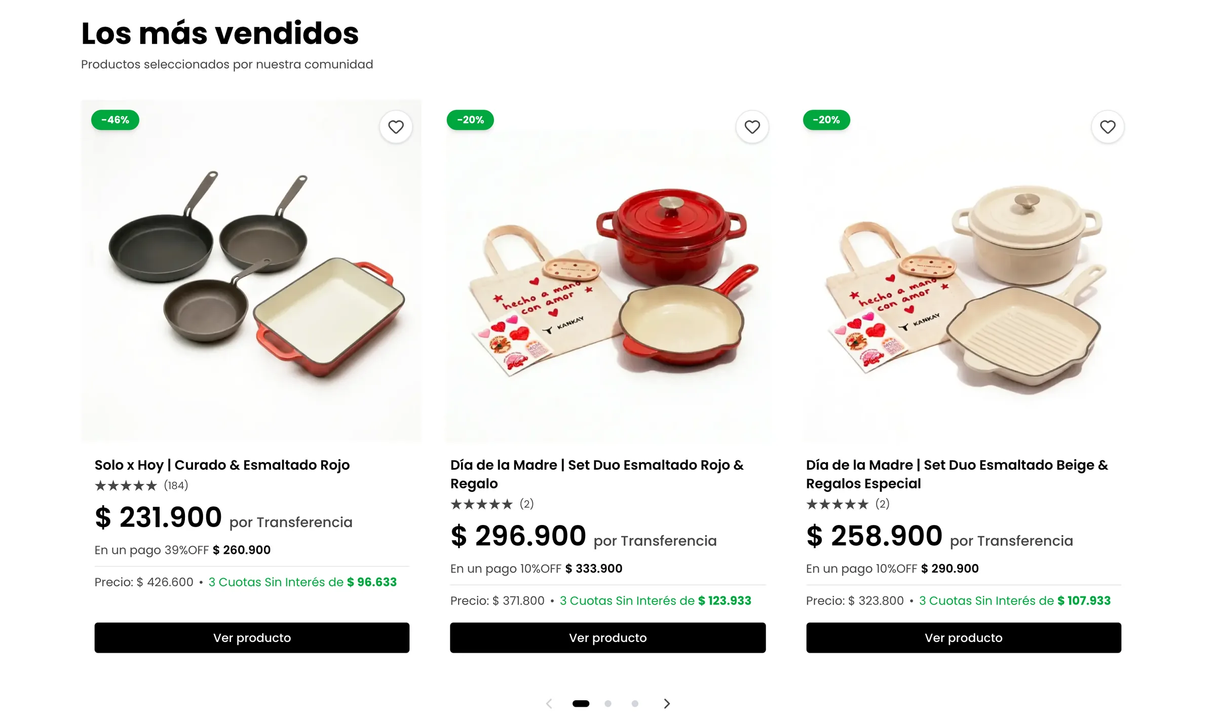 Grilla de productos más vendidos con precio por transferencia y cuotas