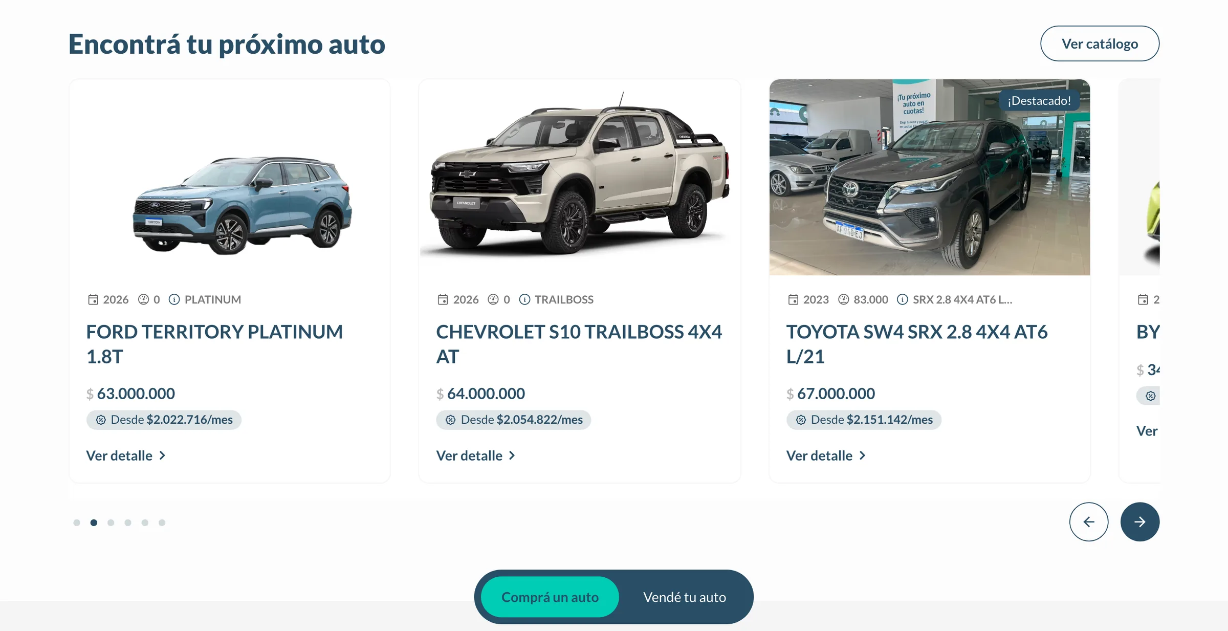 Carrusel de autos en venta de Movio con año, kilometraje, precio y cuota estimada