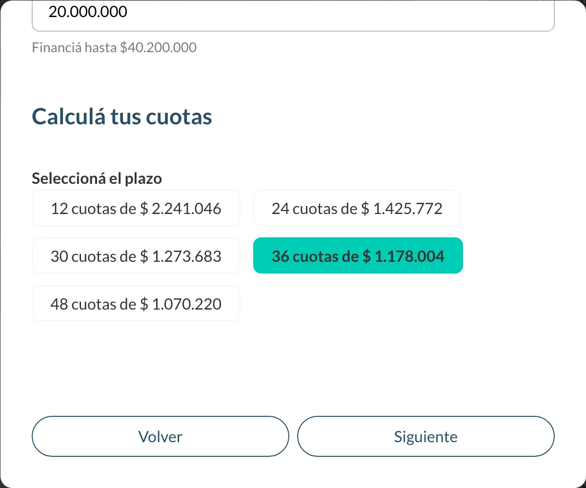 Cuotas calculadas por plazo en el cotizador de Movio, de 12 a 48 cuotas