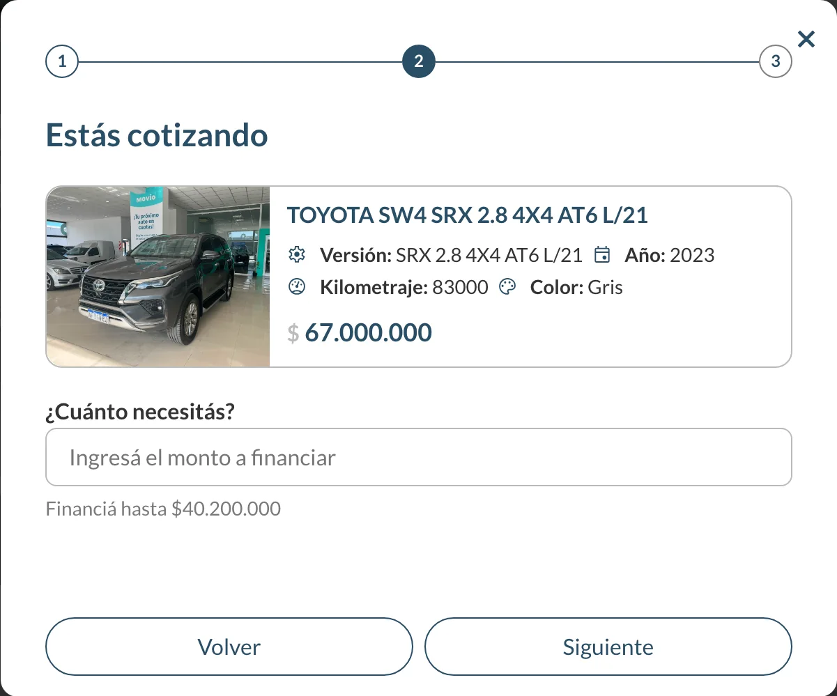 Paso del cotizador de Movio con el auto elegido y el monto a financiar