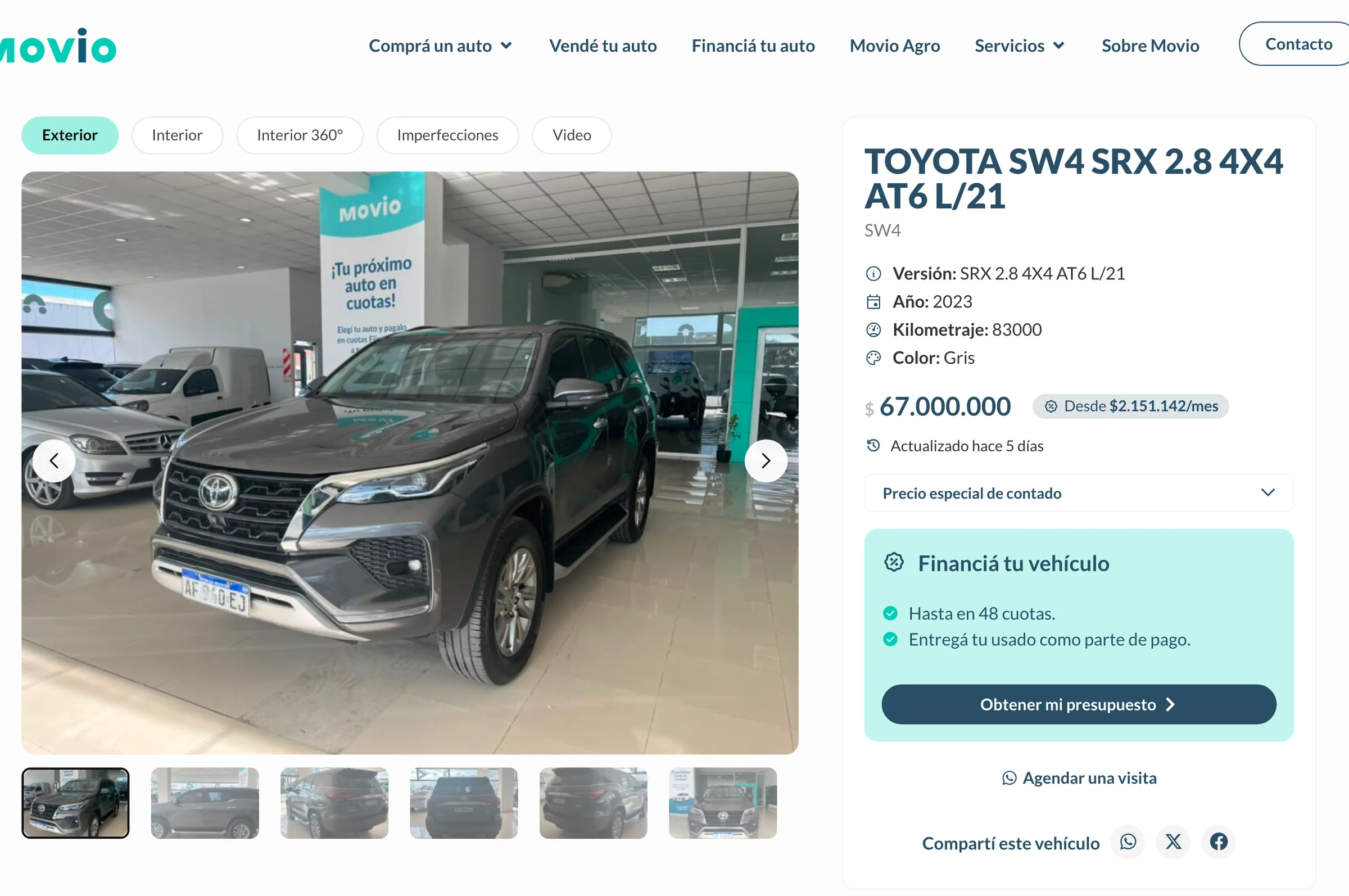 Ficha de una Toyota SW4 en Movio con galería por pestañas, precio, cuota estimada y bloque de financiación