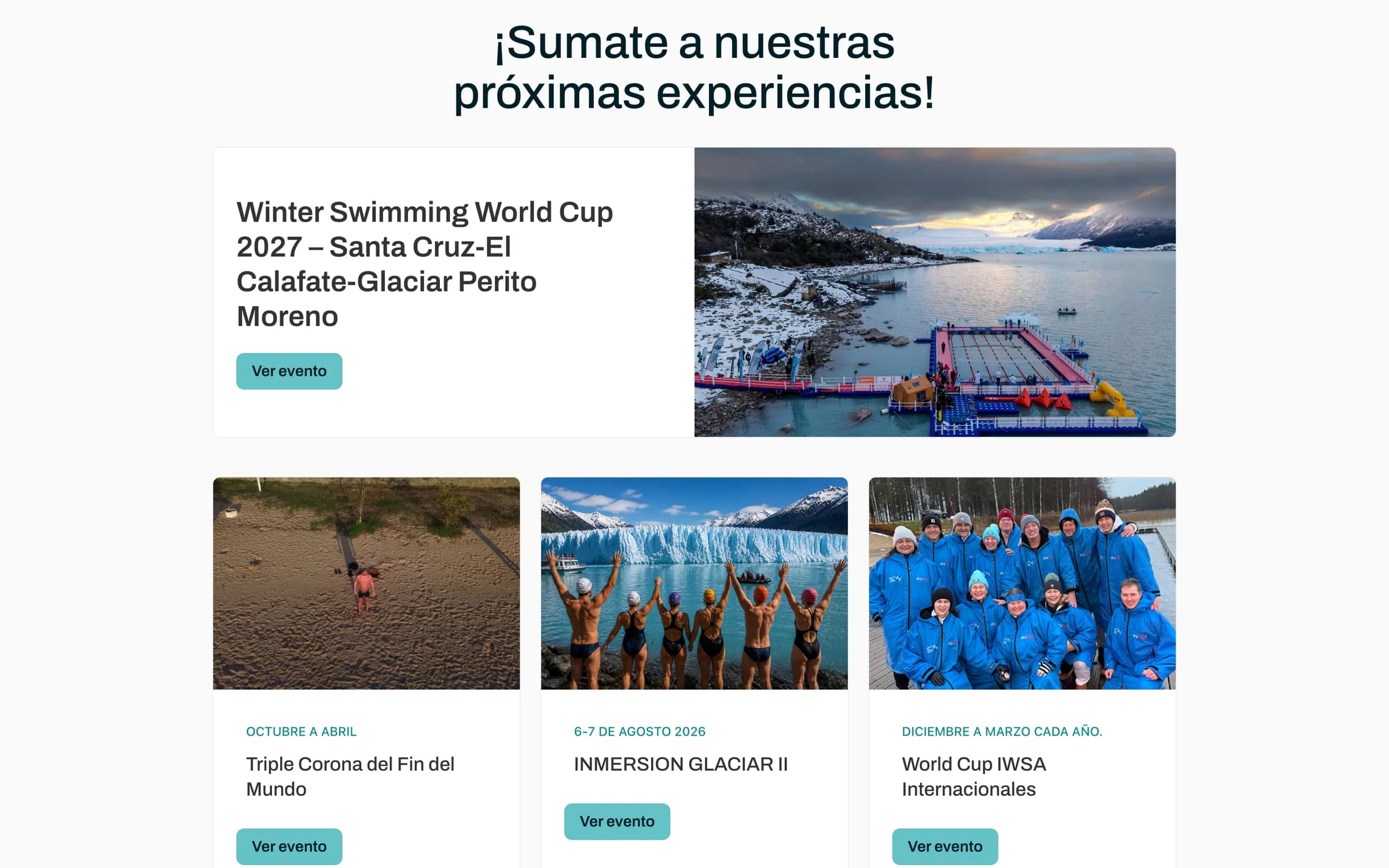 Sección de próximas experiencias de Nadando Argentina con un evento destacado y el calendario de travesías