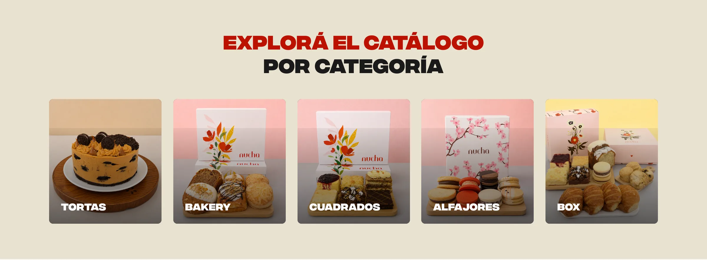 Sección Explorá el catálogo por categoría con tortas, bakery, cuadrados, alfajores y box