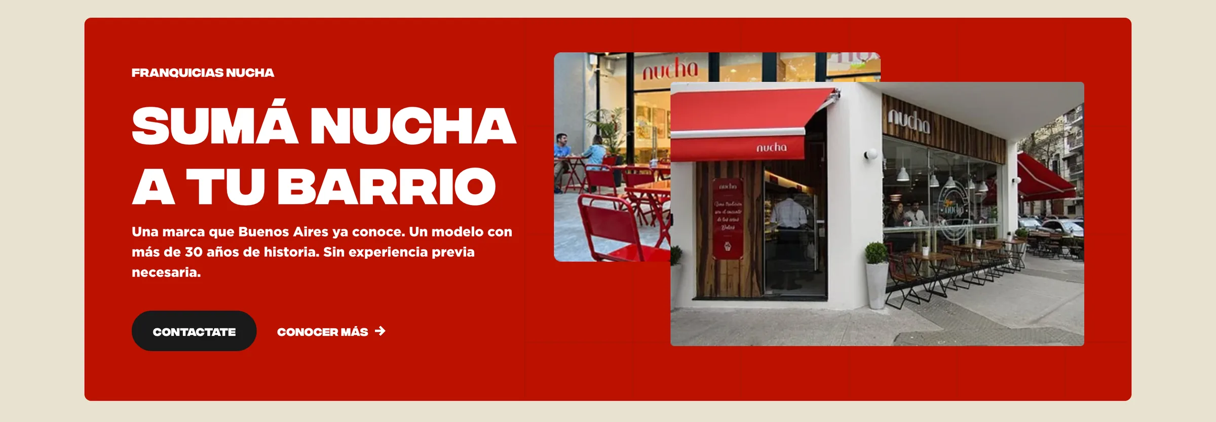 Bloque Sumá Nucha a tu barrio, con la fachada de un local y botones de contacto