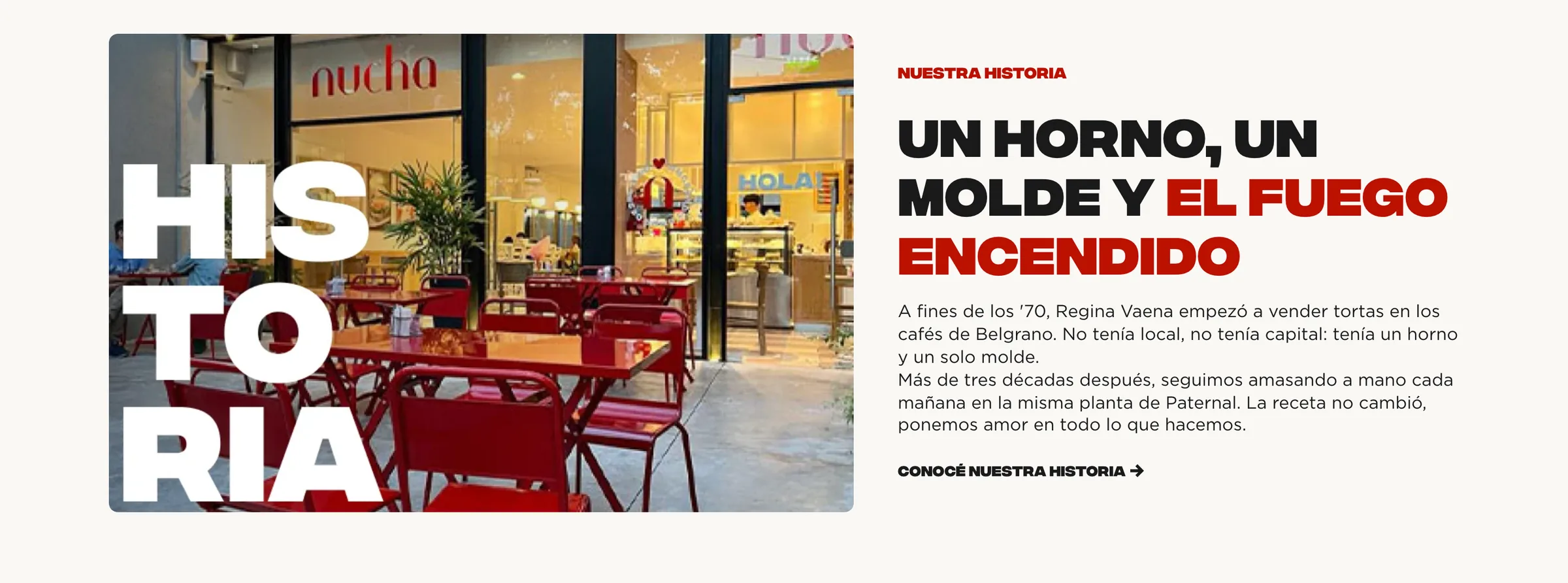 Sección Nuestra historia de Nucha con una foto del local