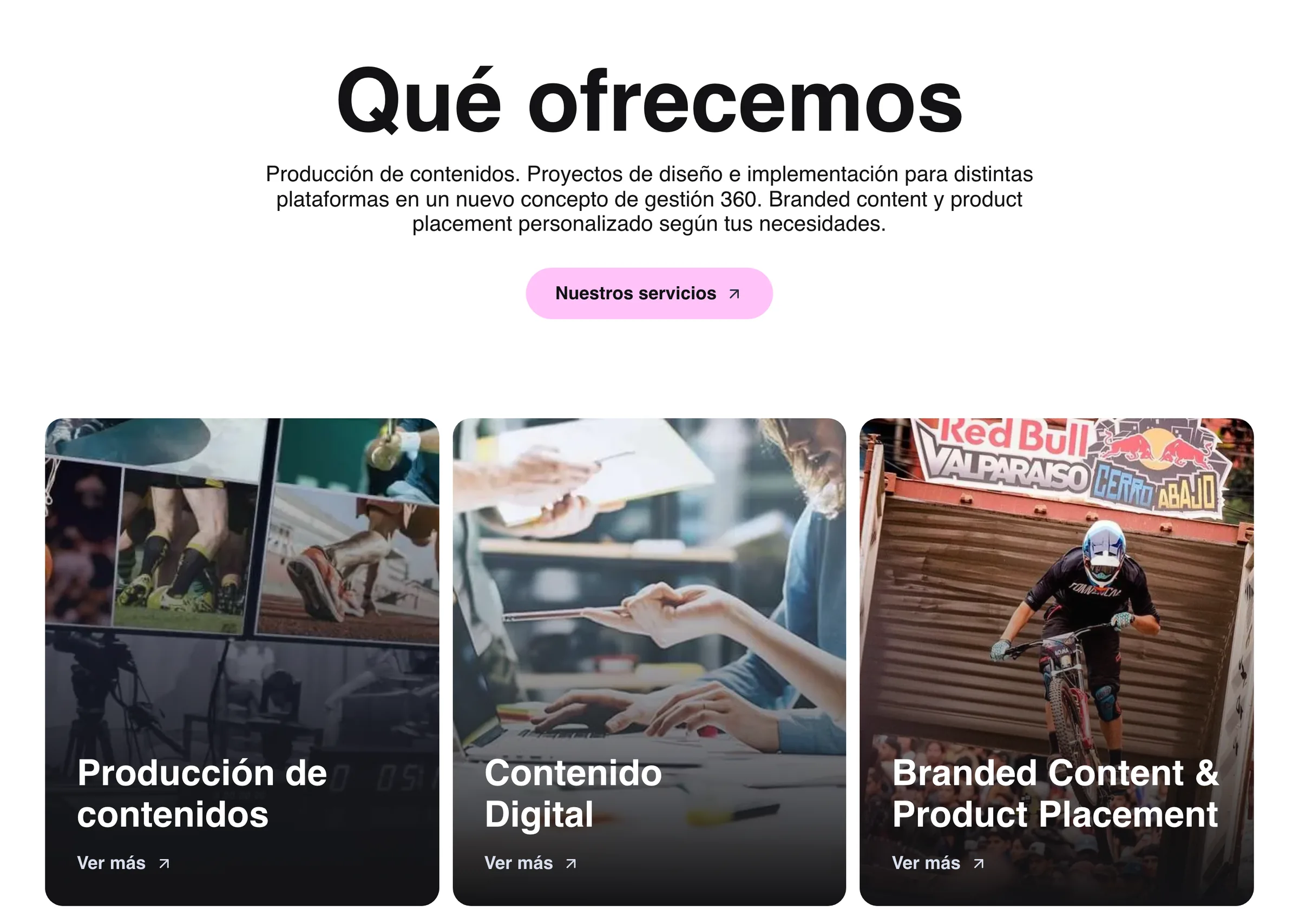 Sección de servicios de la web de PEGSA: producción de contenidos, contenido digital y branded content