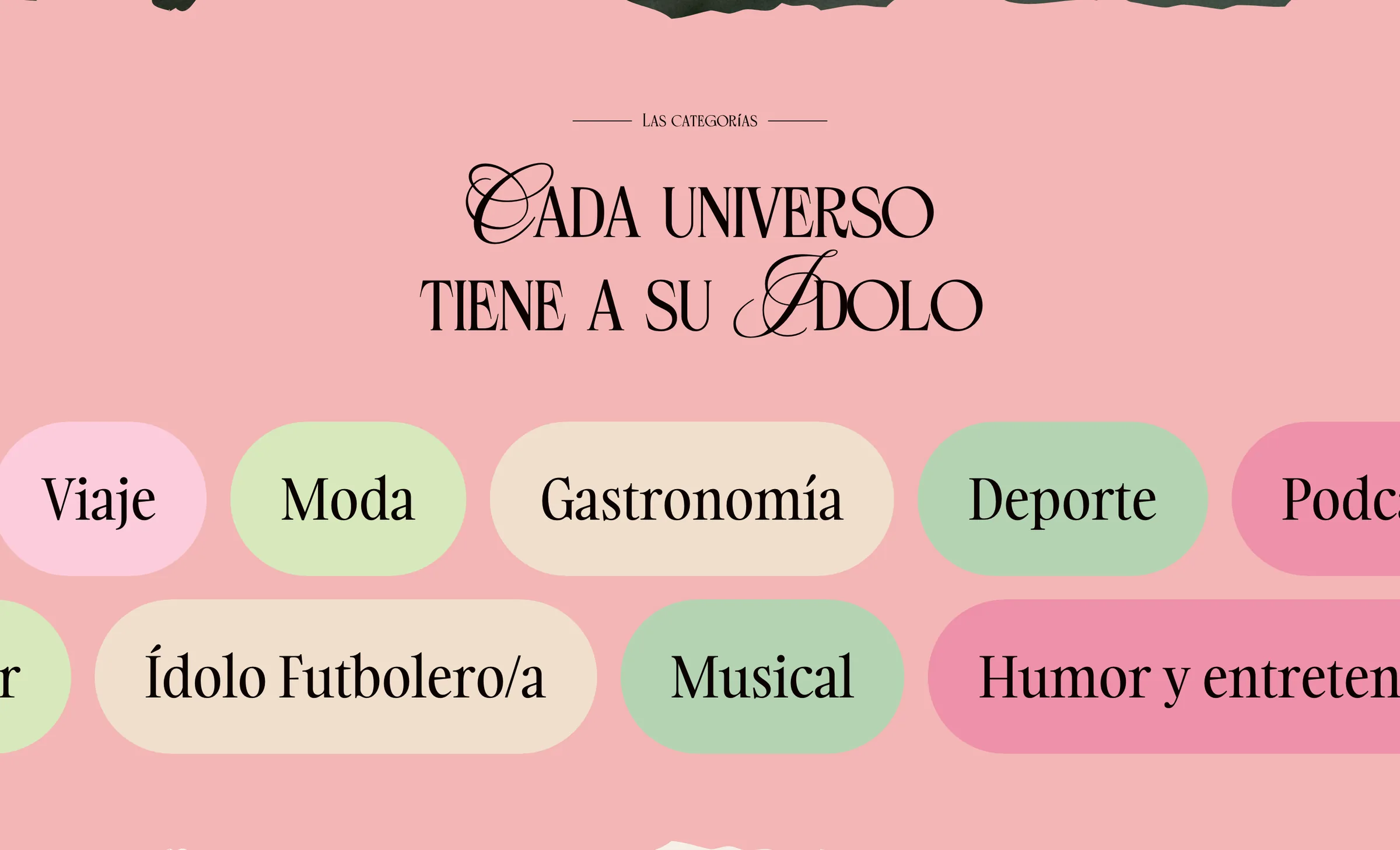 Sección de categorías de Premios Ídolo con pastillas de colores por cada universo