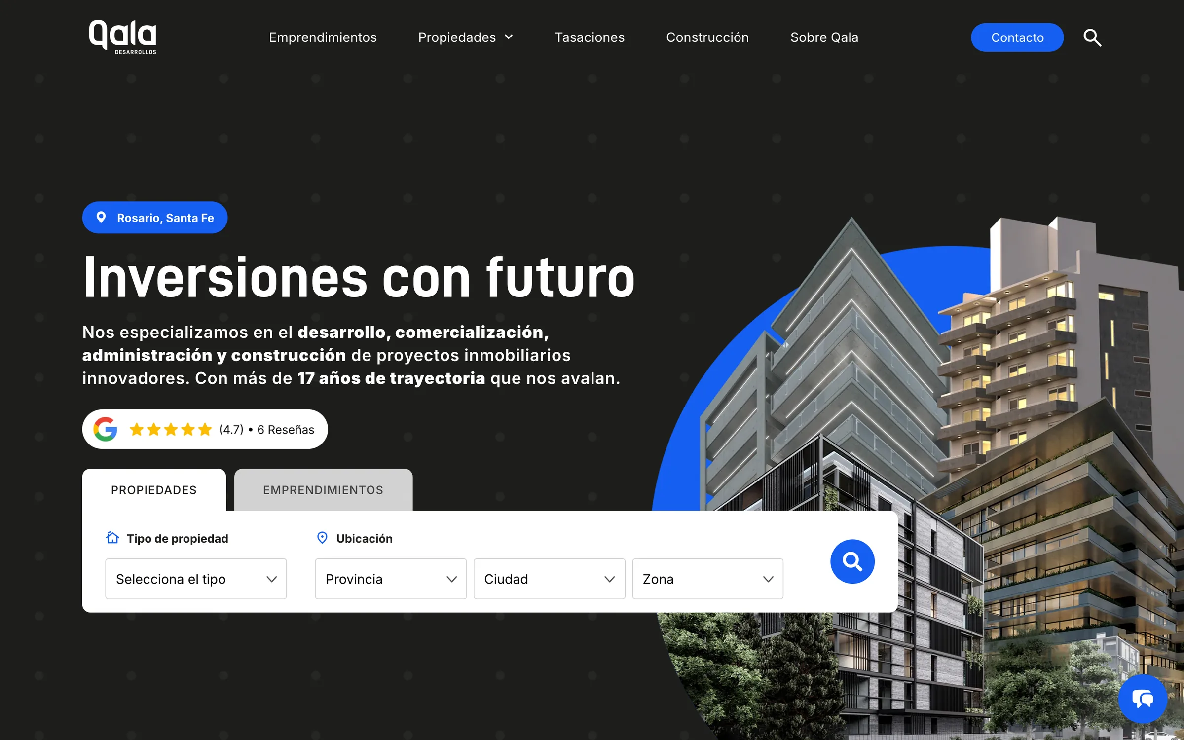 Qala Desarrollos: rediseño web inmobiliario conectado a Tokko