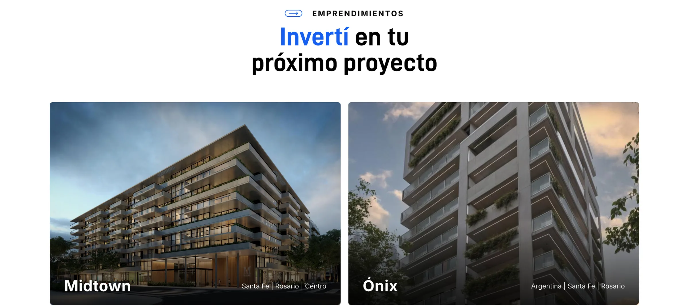 Sección de emprendimientos de Qala con los proyectos Midtown y Ónix