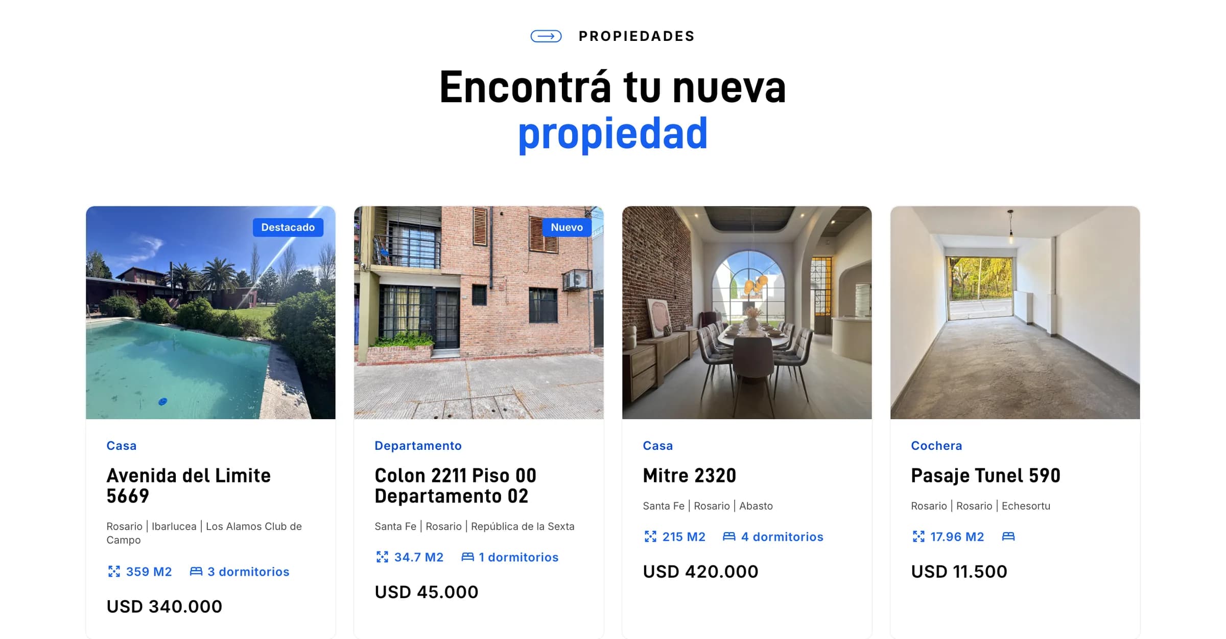 Grilla de propiedades en venta de Qala con tipo, ubicación, superficie y precio