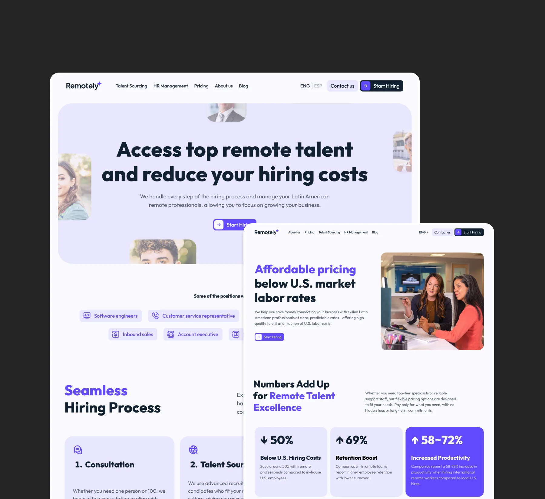 Diseño de alta fidelidad de la home de RemotelyPlus en desktop y mobile