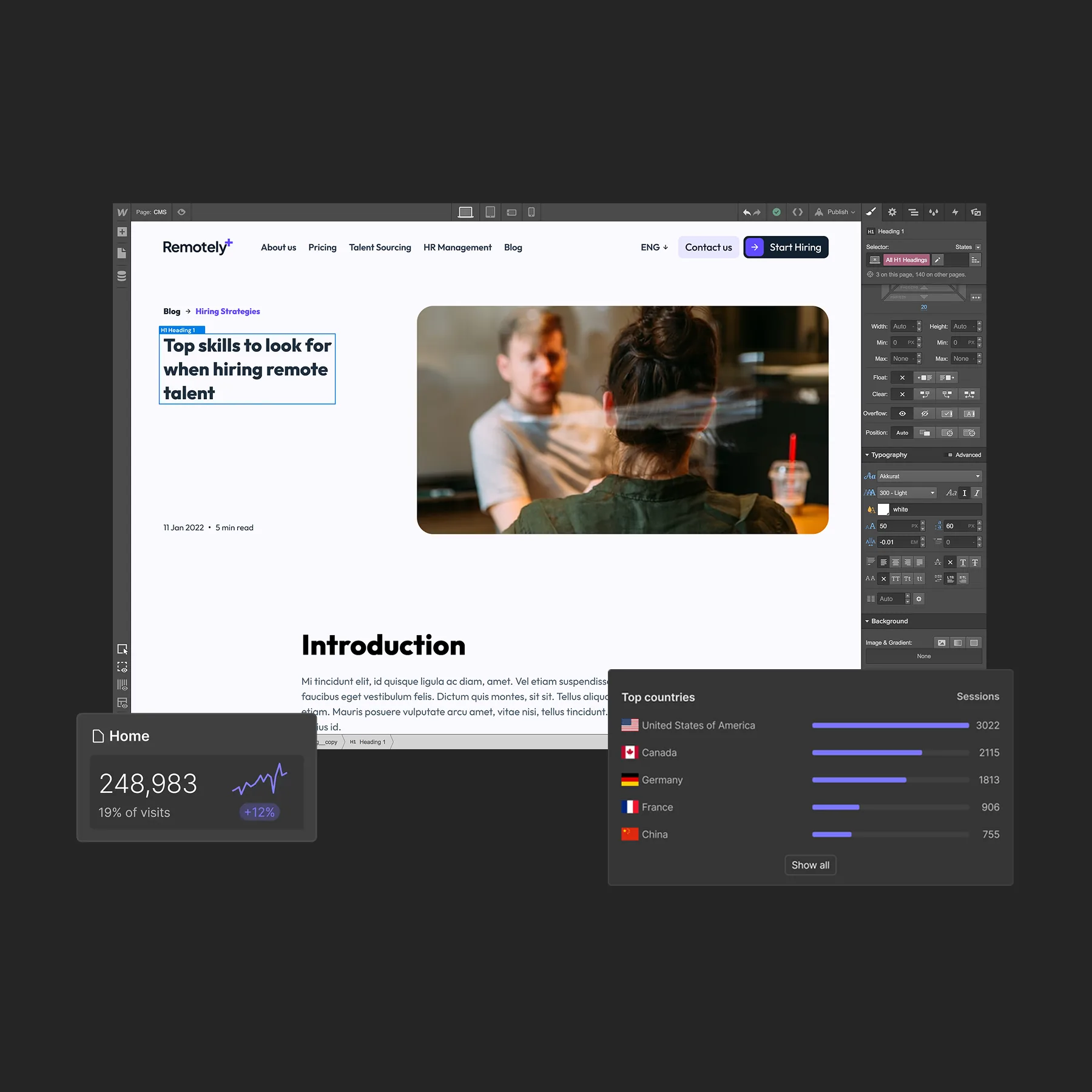 El sitio de RemotelyPlus en el editor de Webflow, con el blog y el panel de visitas