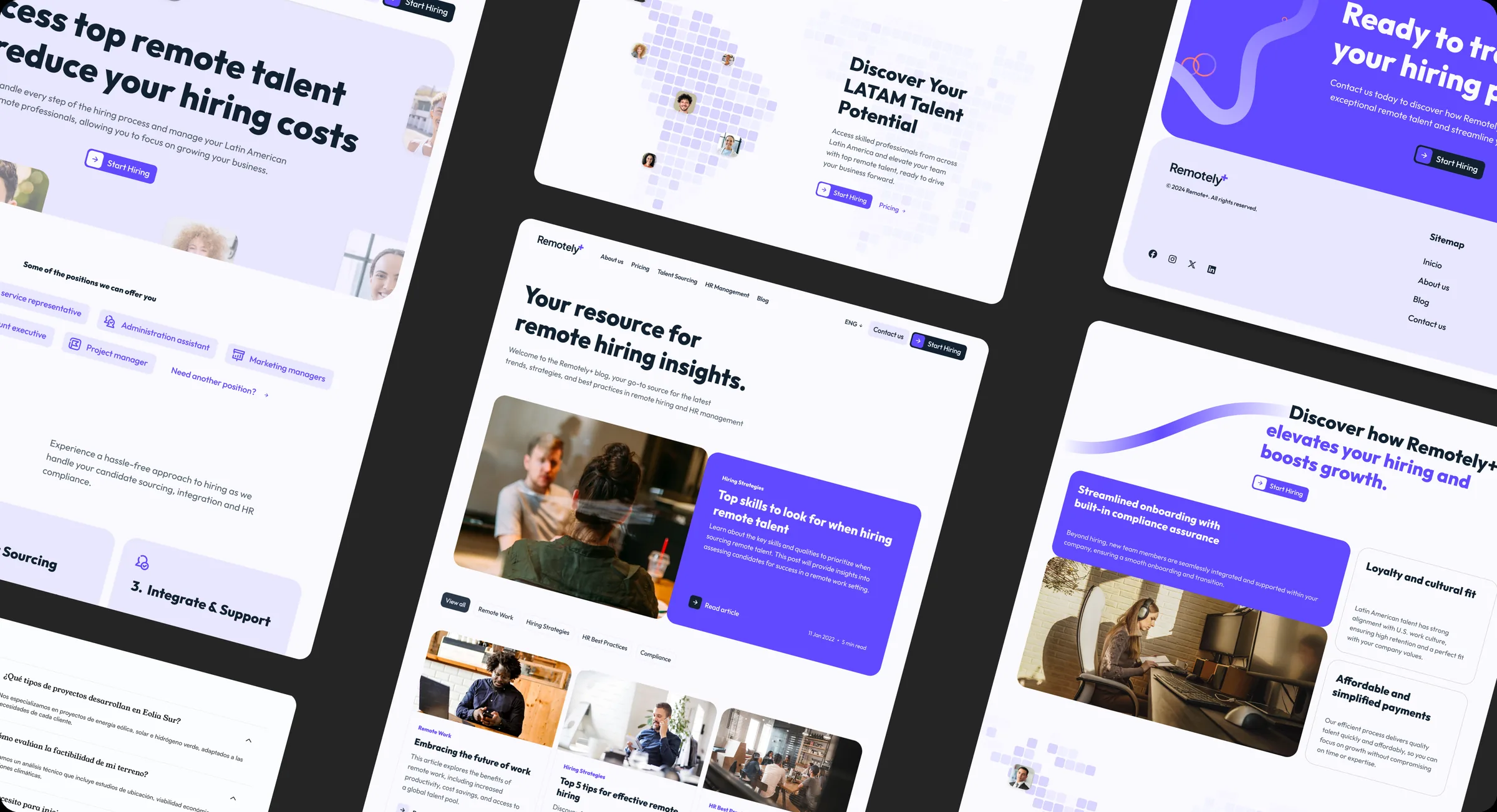 Pantallas del sitio de RemotelyPlus diseñado por Programon: home, recursos y páginas por rol