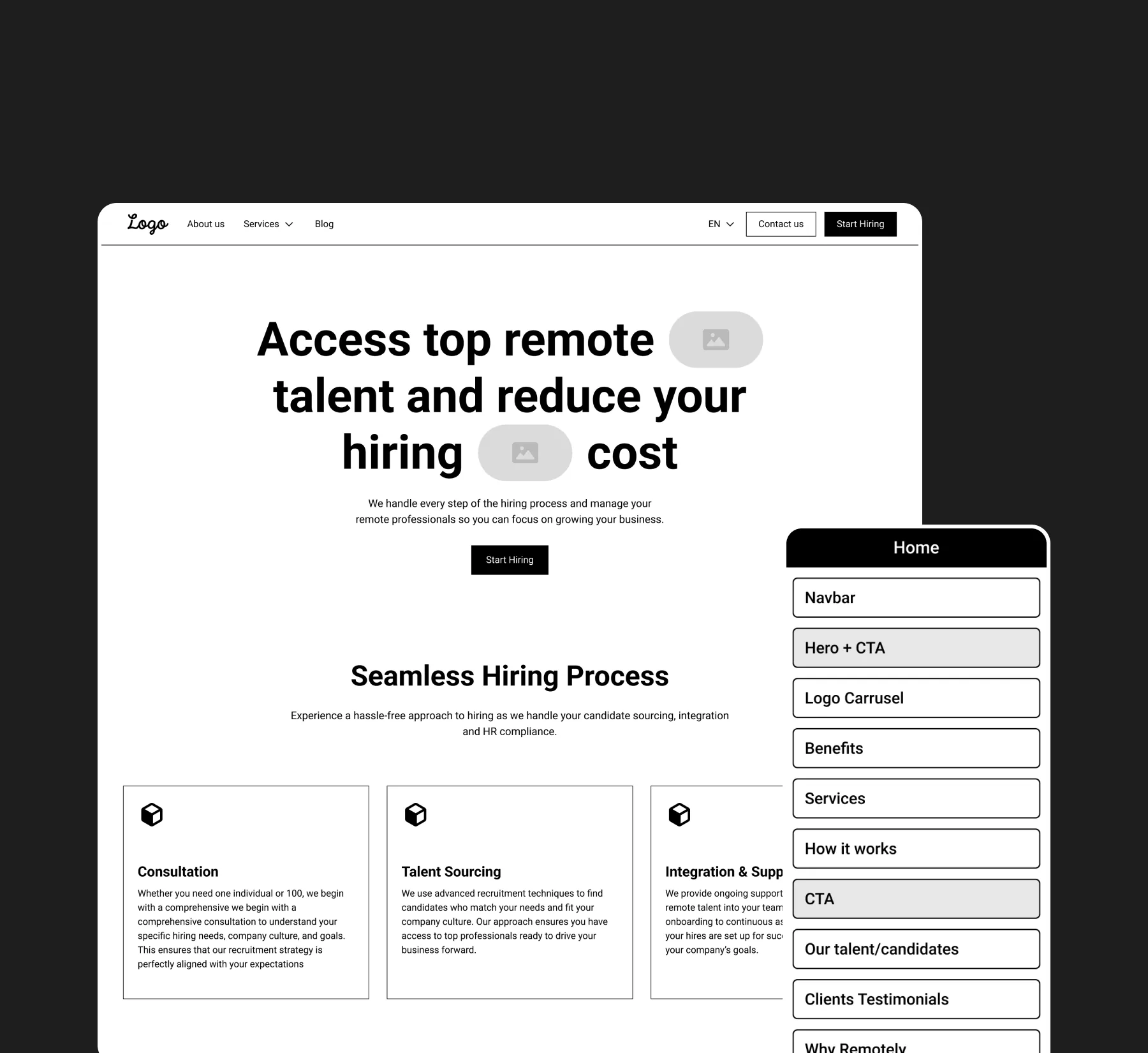 Wireframes de la home de RemotelyPlus con la estructura de secciones
