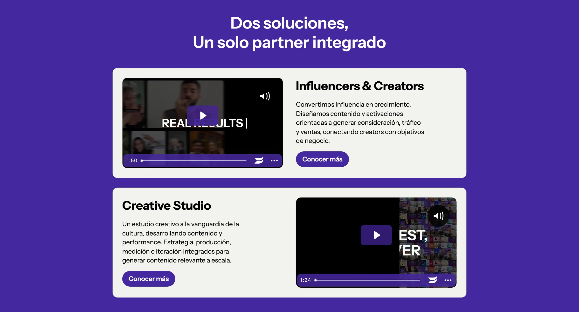 Sección de la web de Rufus que presenta sus dos soluciones: Influencers & Creators y Creative Studio