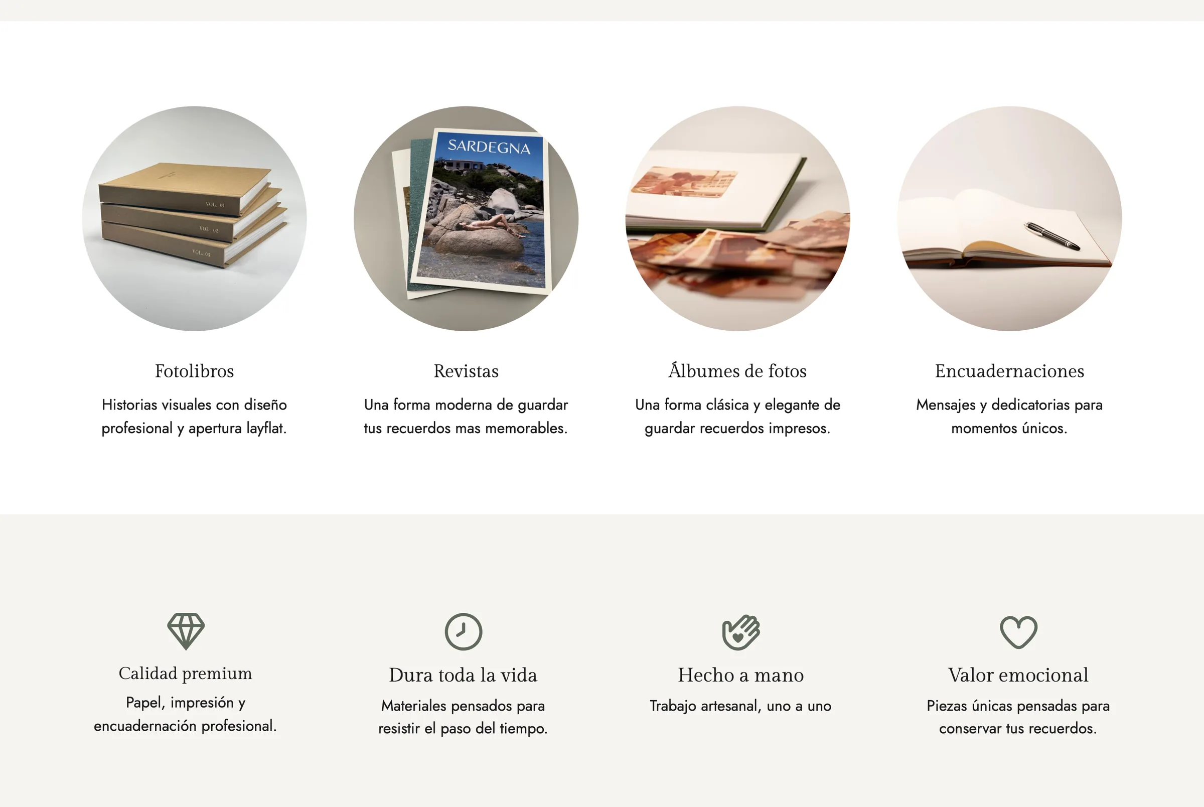 Catálogo de SUR por tipo de producto: fotolibros, revistas, álbumes de fotos y encuadernaciones, con sus atributos de calidad