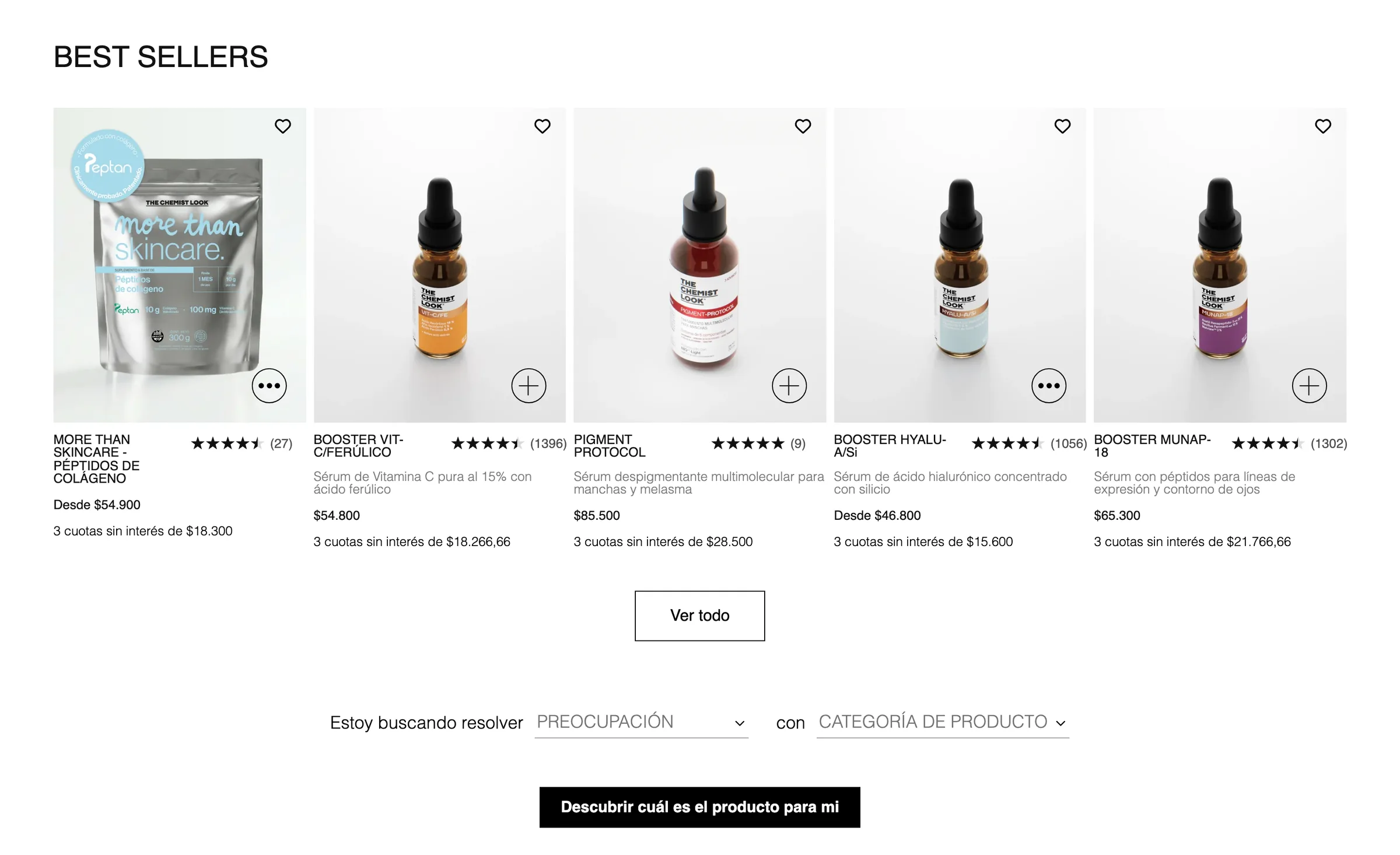 Los más vendidos y el buscador de productos por preocupación en la tienda de The Chemist Look